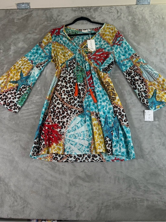 Dotti Other - Dotti Aqua and Yellow Mixed-Print V-Neck Tunic with Tassel Tie swim cover